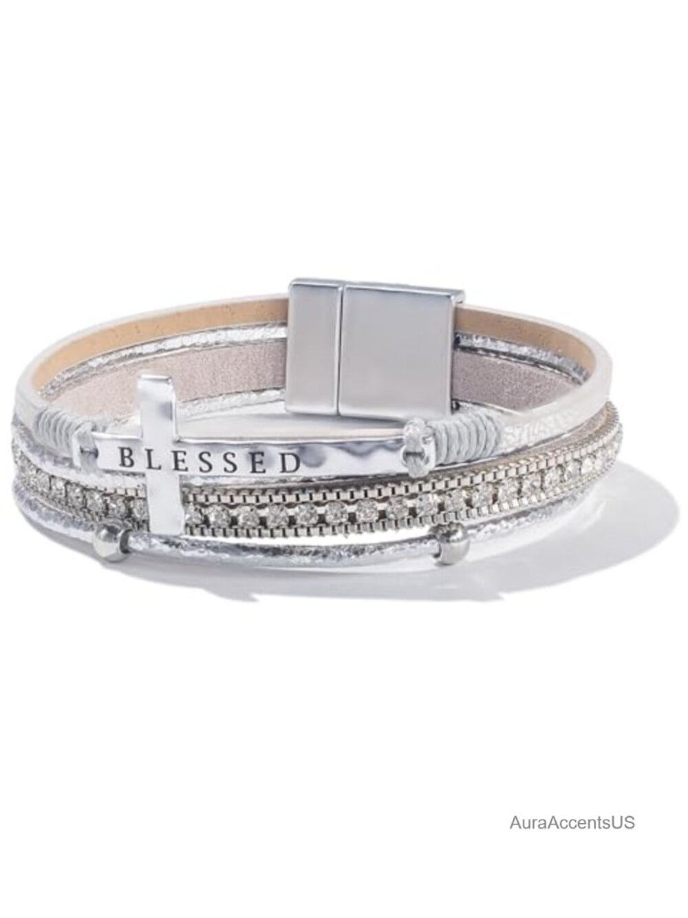 Faux Leather Cross Charm Bangle Bracelet Magnetic Clasp Boho Religious Jewelry